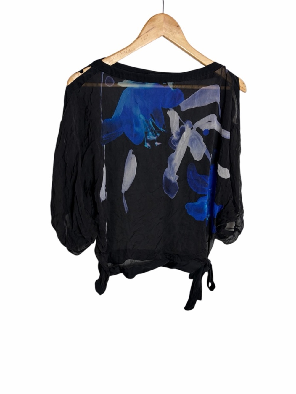 Elie Tahari silk black blue watercolor floral ChiffonTie-Hem sheer Blouse  M